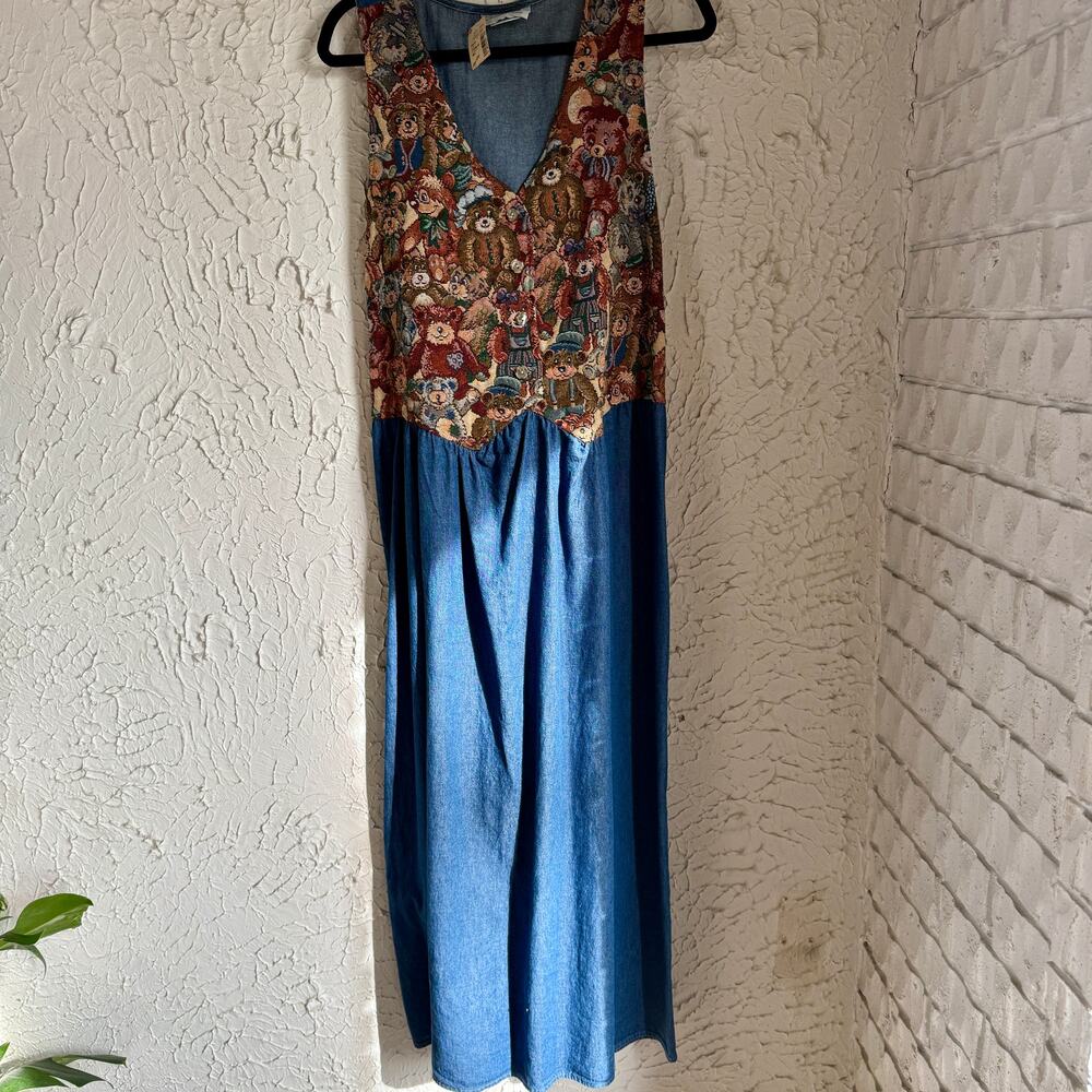 Vintage 90s Teddy Bear Tapestry Denim Dress | Cottagecore Prairie Dress - Picture 4 of 10